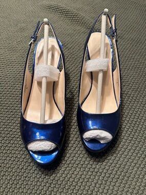 Nine West Blue Patent Peep-Toe Slingback Heels - Women